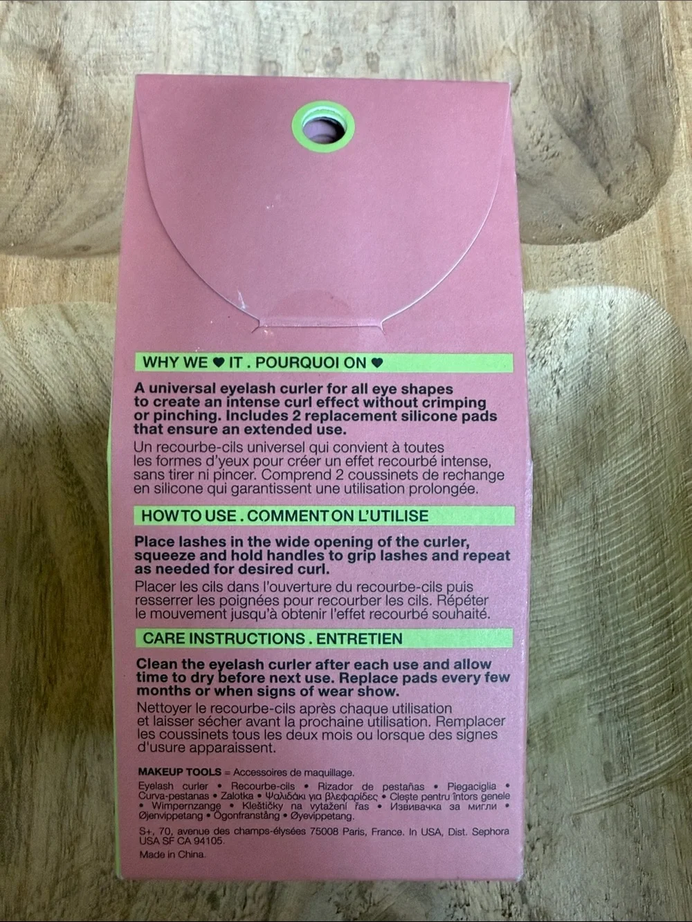 Sephora Silver Eyelash Curler on Pink Box